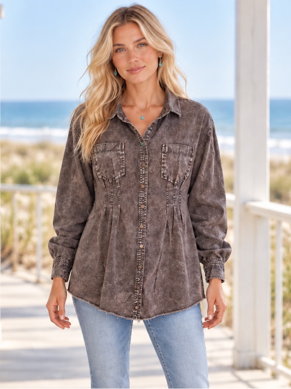 HYFVE Washed Brown Button-Down Peplum Shirt Coastal Cowgirl Aesthetic